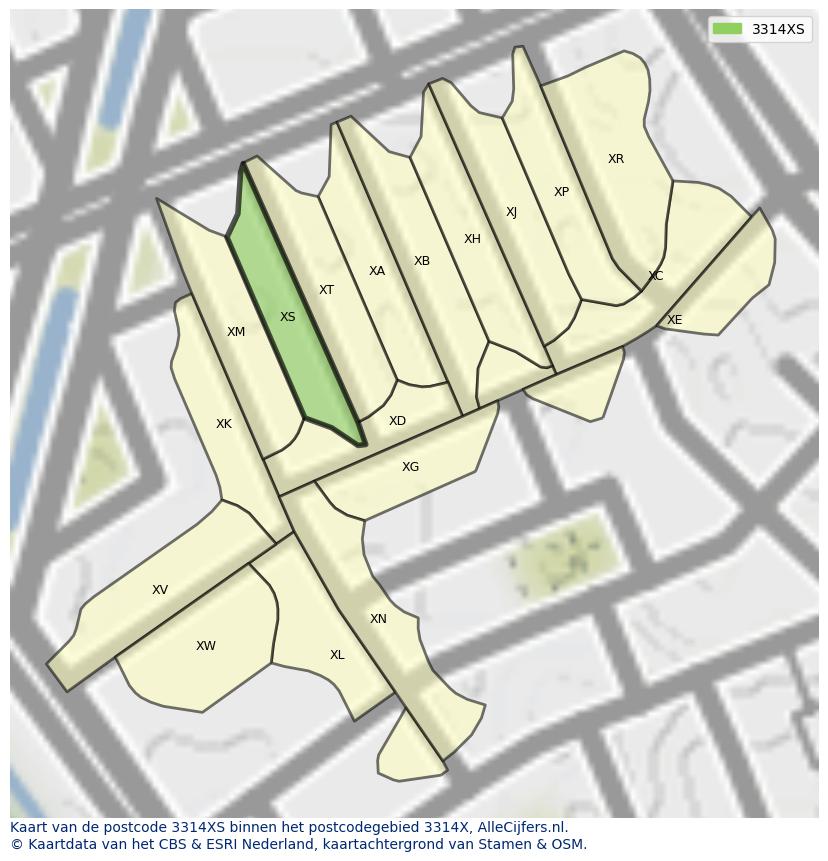 Afbeelding van het postcodegebied 3314 XS op de kaart.