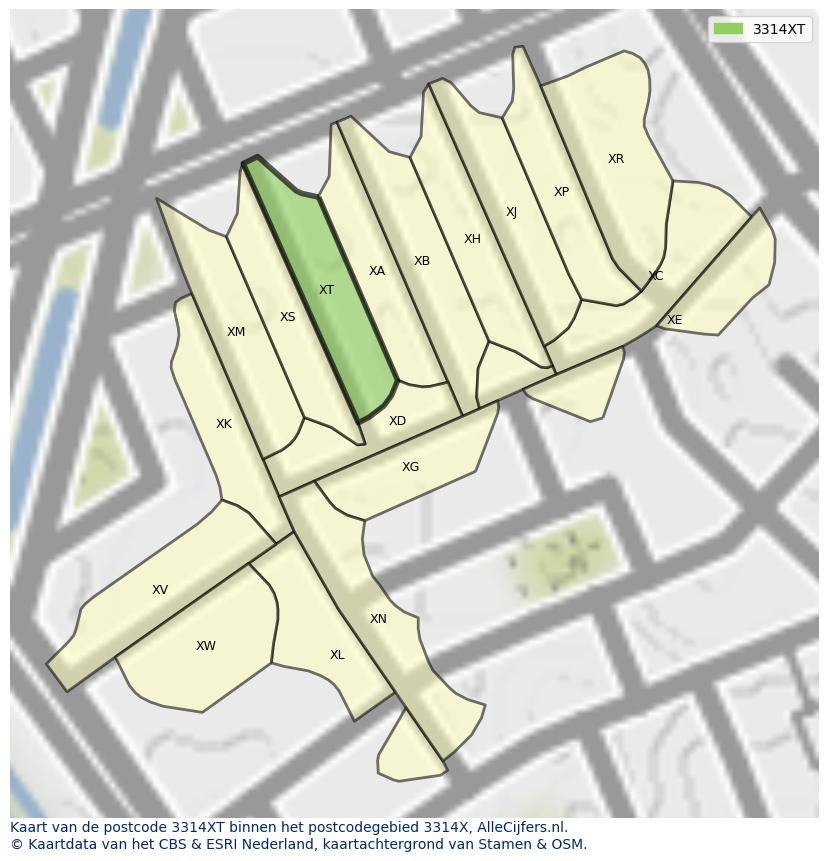 Afbeelding van het postcodegebied 3314 XT op de kaart.