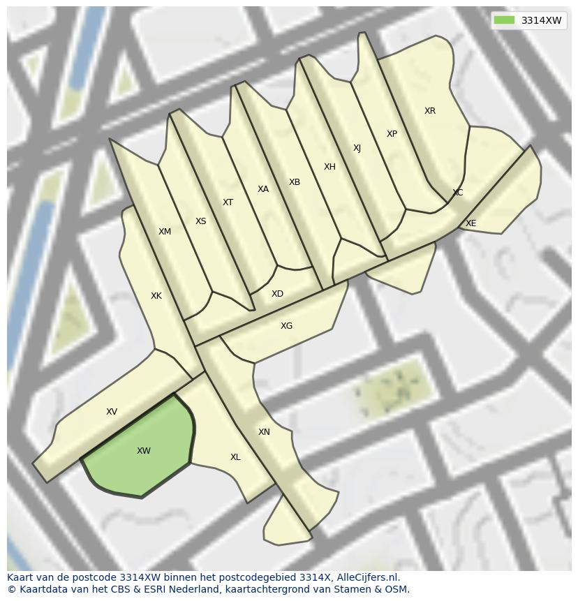 Afbeelding van het postcodegebied 3314 XW op de kaart.