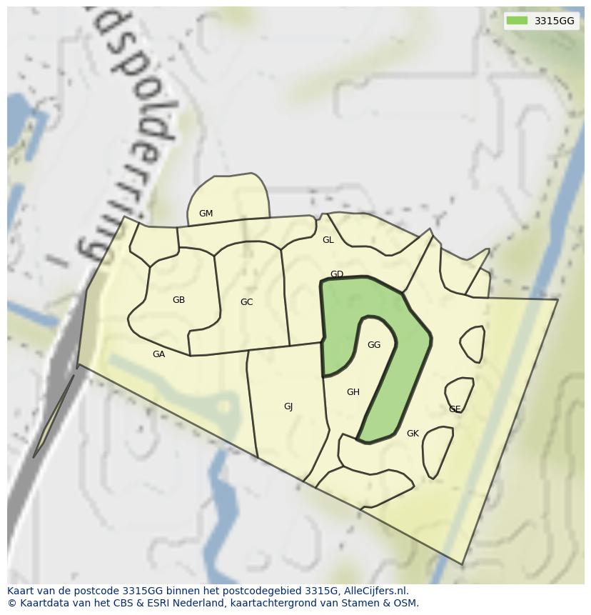 Afbeelding van het postcodegebied 3315 GG op de kaart.