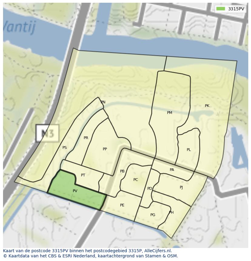 Afbeelding van het postcodegebied 3315 PV op de kaart.
