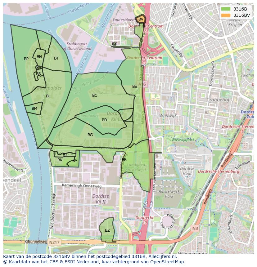 Afbeelding van het postcodegebied 3316 BV op de kaart.