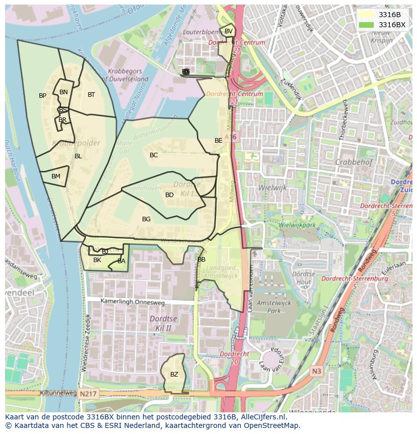Afbeelding van het postcodegebied 3316 BX op de kaart.