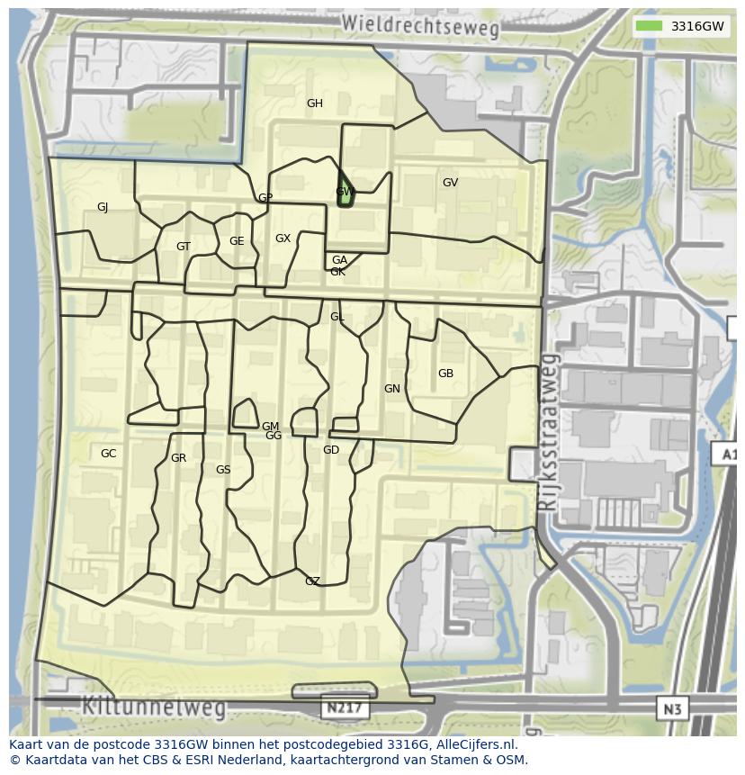 Afbeelding van het postcodegebied 3316 GW op de kaart.