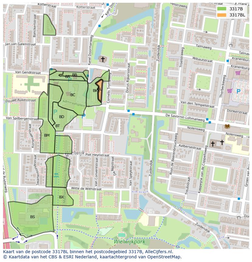 Afbeelding van het postcodegebied 3317 BL op de kaart.
