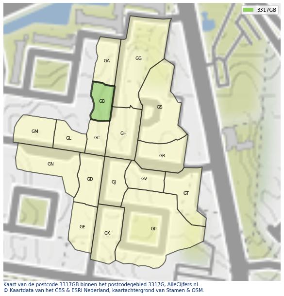 Afbeelding van het postcodegebied 3317 GB op de kaart.