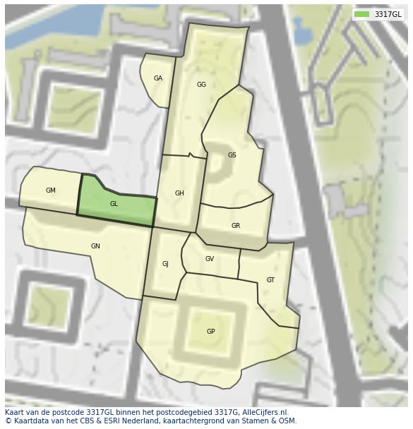 Afbeelding van het postcodegebied 3317 GL op de kaart.