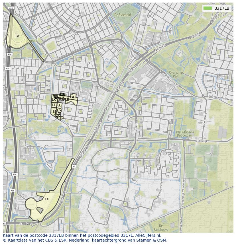 Afbeelding van het postcodegebied 3317 LB op de kaart.