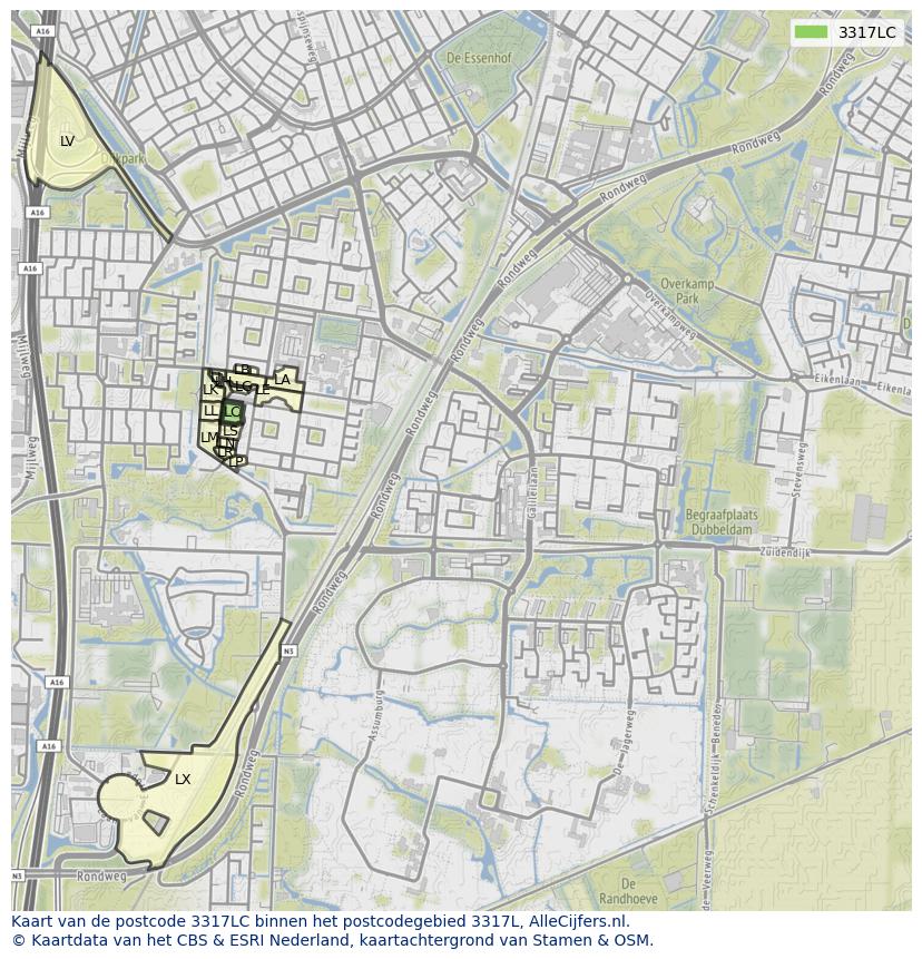 Afbeelding van het postcodegebied 3317 LC op de kaart.
