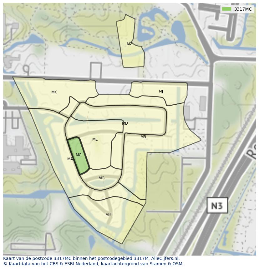 Afbeelding van het postcodegebied 3317 MC op de kaart.