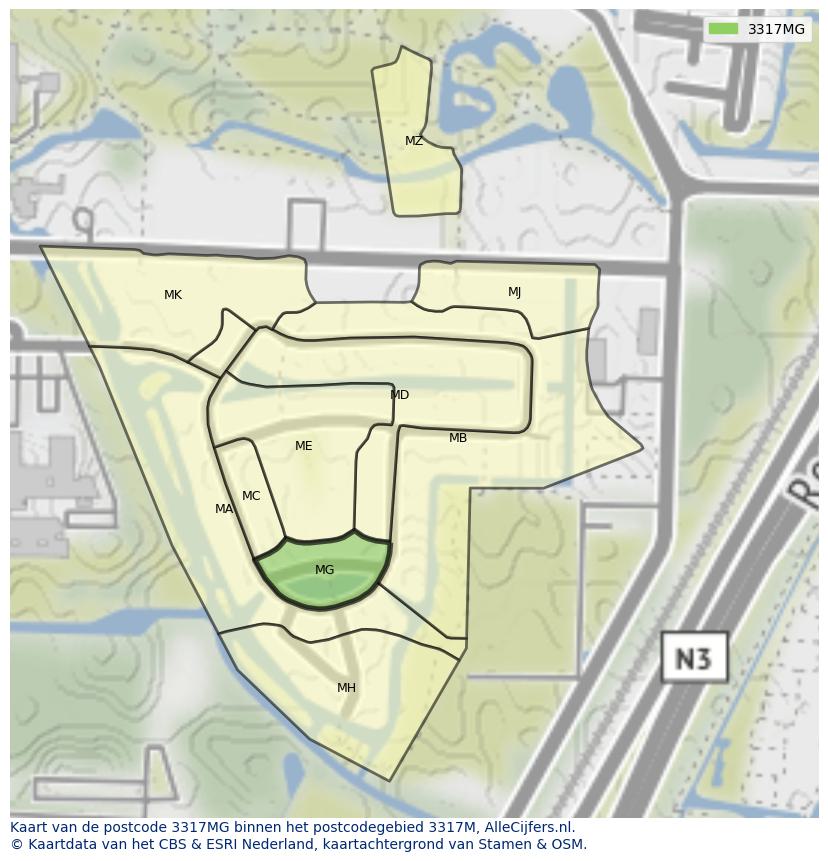 Afbeelding van het postcodegebied 3317 MG op de kaart.