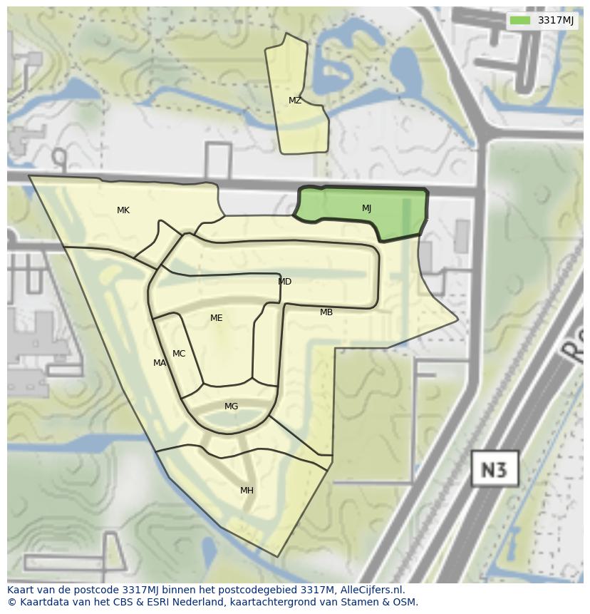 Afbeelding van het postcodegebied 3317 MJ op de kaart.