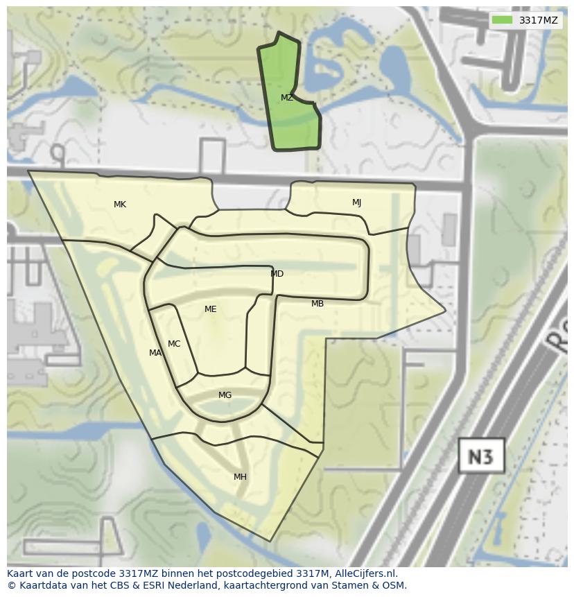 Afbeelding van het postcodegebied 3317 MZ op de kaart.
