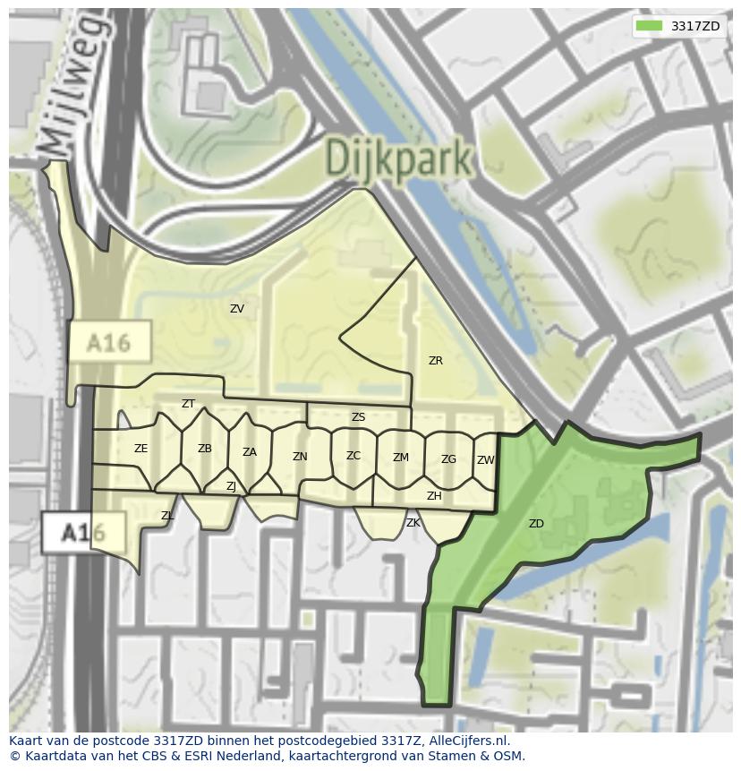 Afbeelding van het postcodegebied 3317 ZD op de kaart.