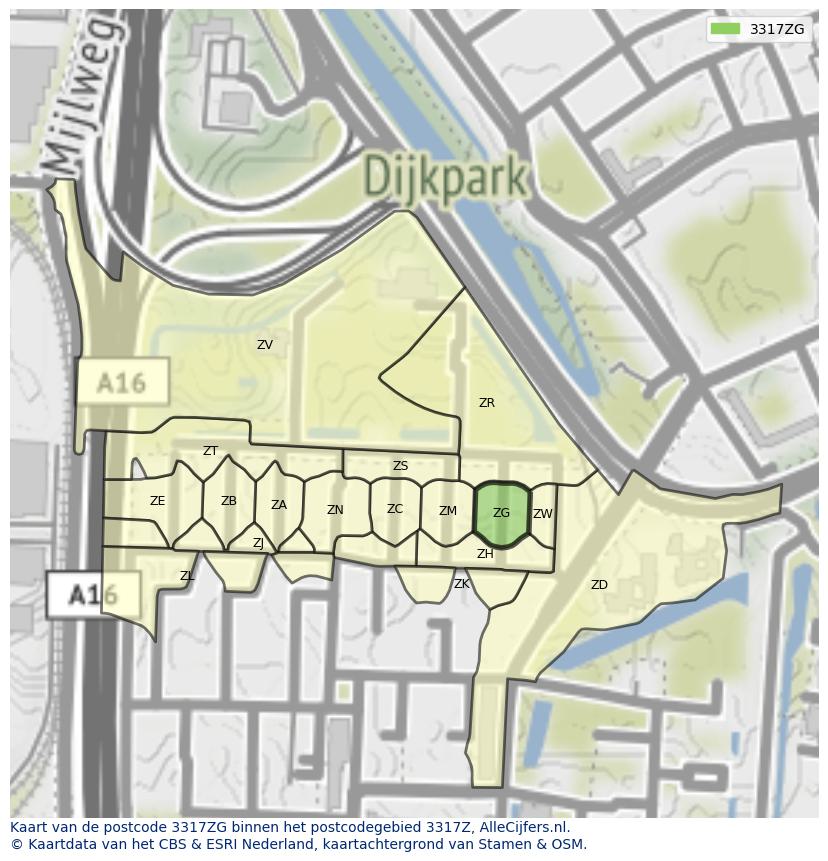 Afbeelding van het postcodegebied 3317 ZG op de kaart.