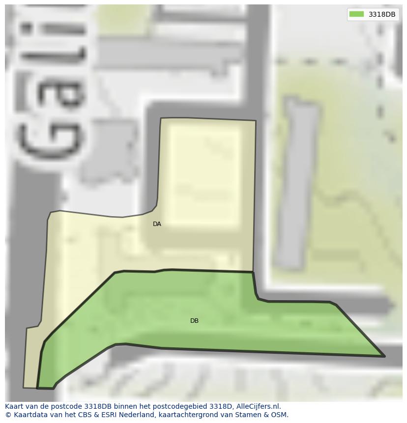 Afbeelding van het postcodegebied 3318 DB op de kaart.