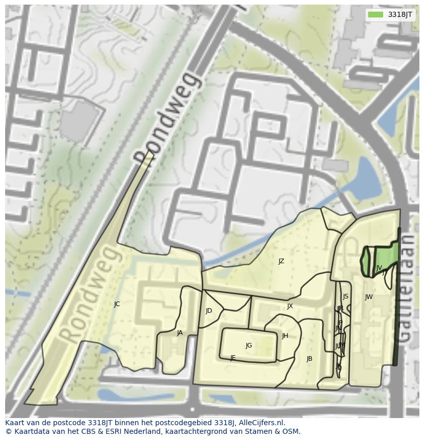 Afbeelding van het postcodegebied 3318 JT op de kaart.