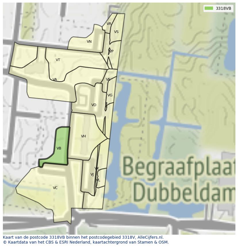 Afbeelding van het postcodegebied 3318 VB op de kaart.