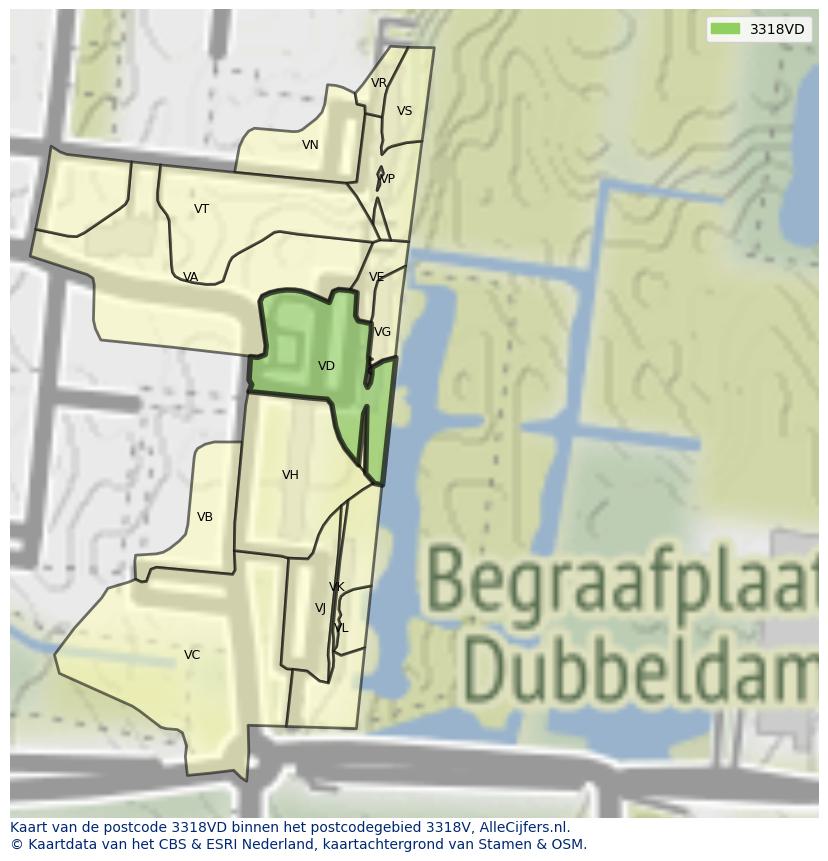 Afbeelding van het postcodegebied 3318 VD op de kaart.