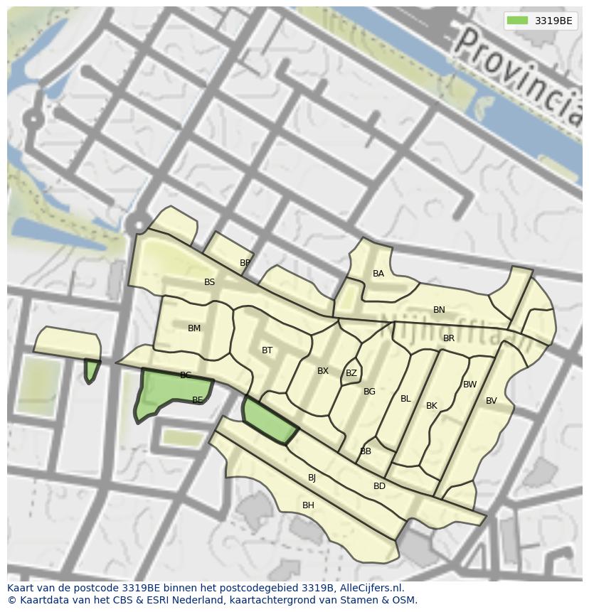 Afbeelding van het postcodegebied 3319 BE op de kaart.