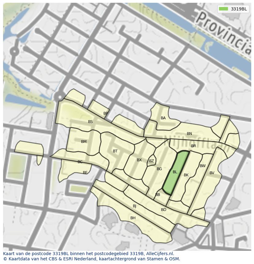 Afbeelding van het postcodegebied 3319 BL op de kaart.