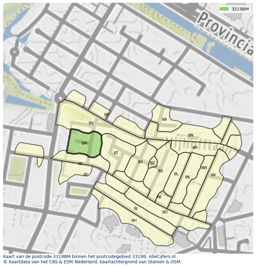 Afbeelding van het postcodegebied 3319 BM op de kaart.