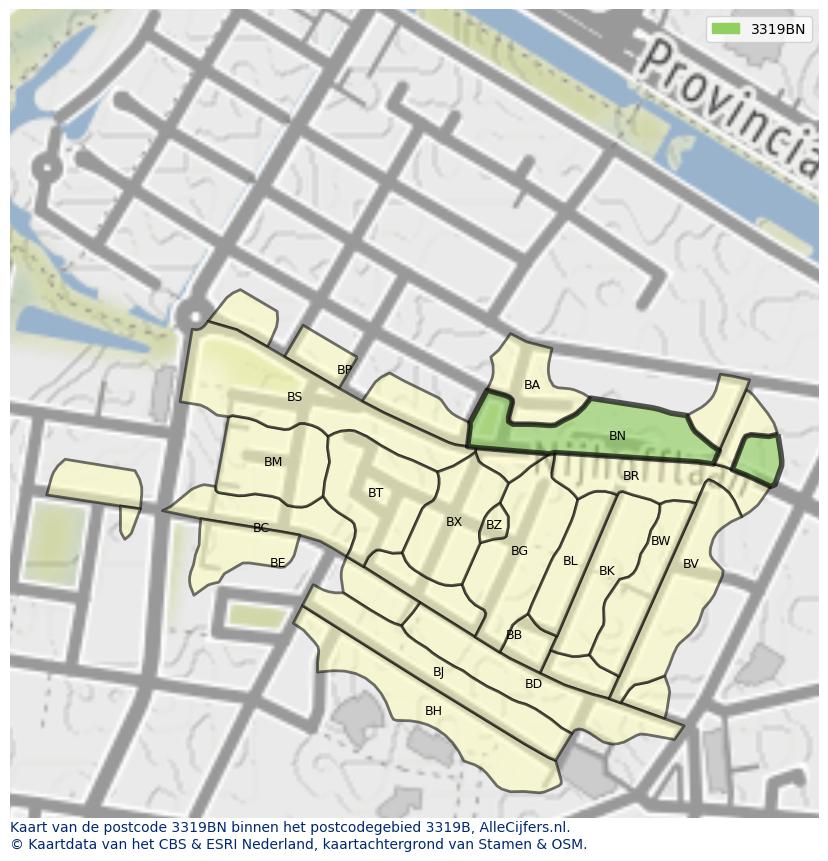 Afbeelding van het postcodegebied 3319 BN op de kaart.