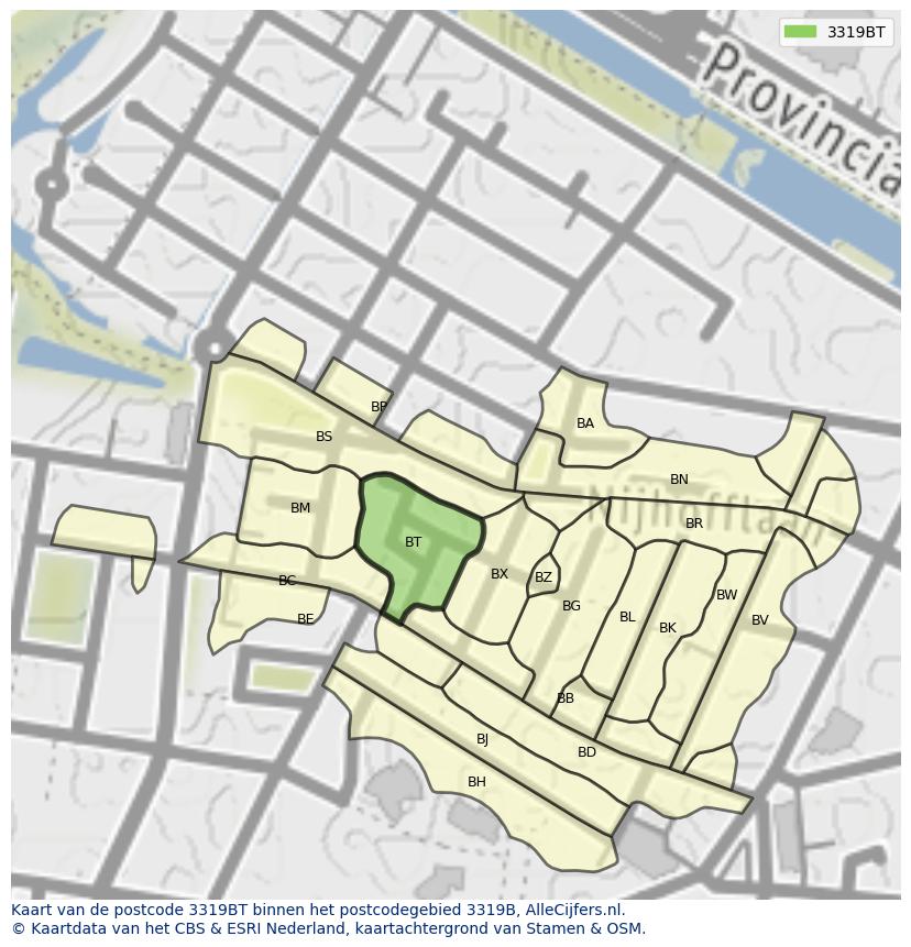 Afbeelding van het postcodegebied 3319 BT op de kaart.