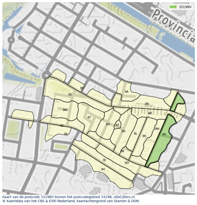Afbeelding van het postcodegebied 3319 BV op de kaart.