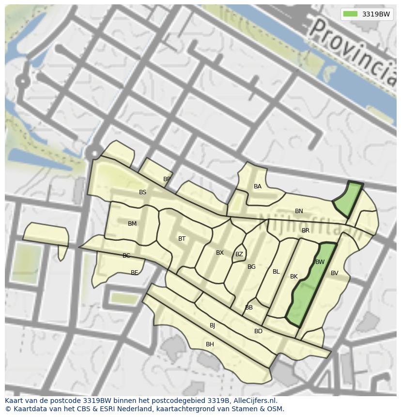 Afbeelding van het postcodegebied 3319 BW op de kaart.