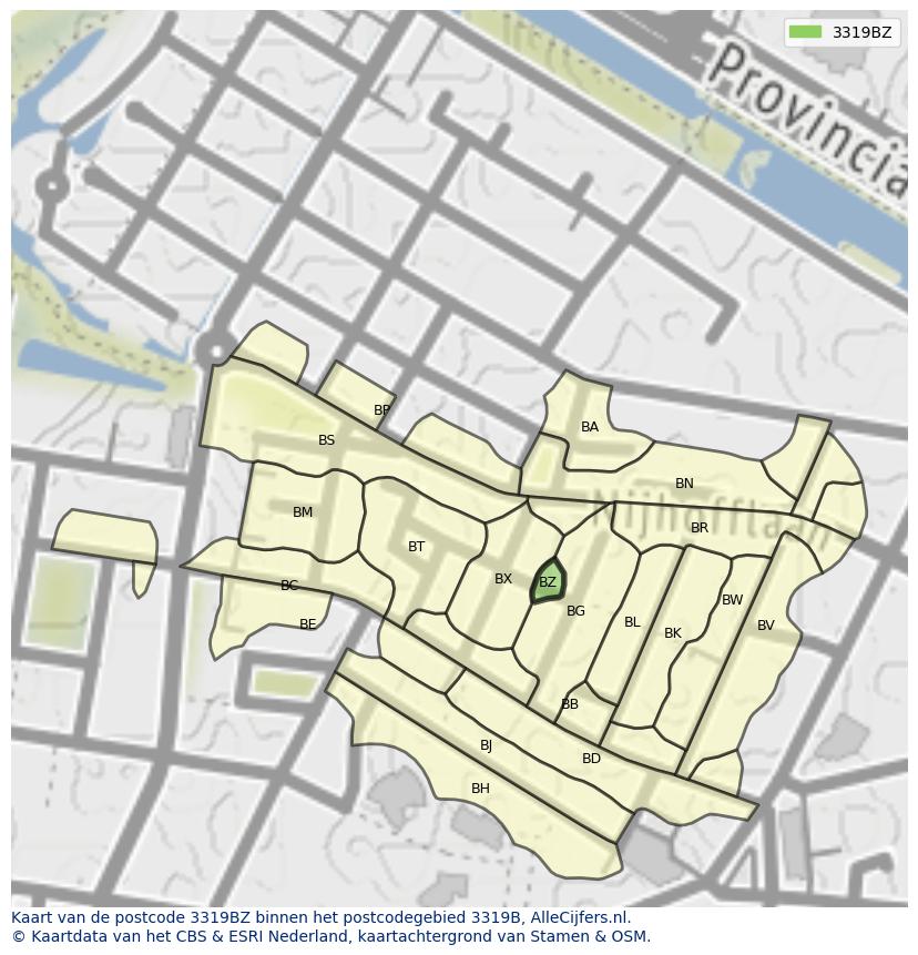 Afbeelding van het postcodegebied 3319 BZ op de kaart.