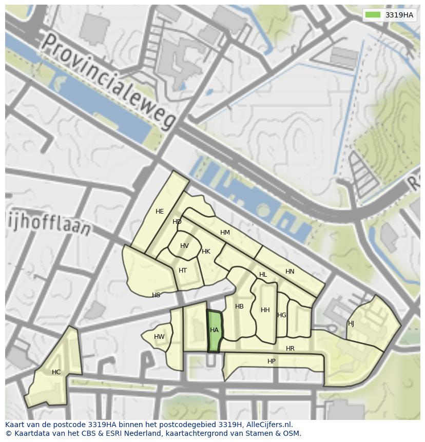 Afbeelding van het postcodegebied 3319 HA op de kaart.