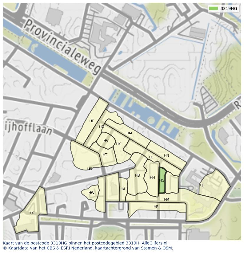 Afbeelding van het postcodegebied 3319 HG op de kaart.