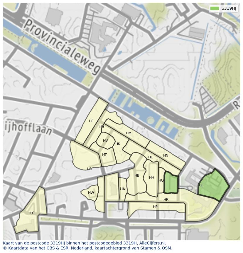 Afbeelding van het postcodegebied 3319 HJ op de kaart.