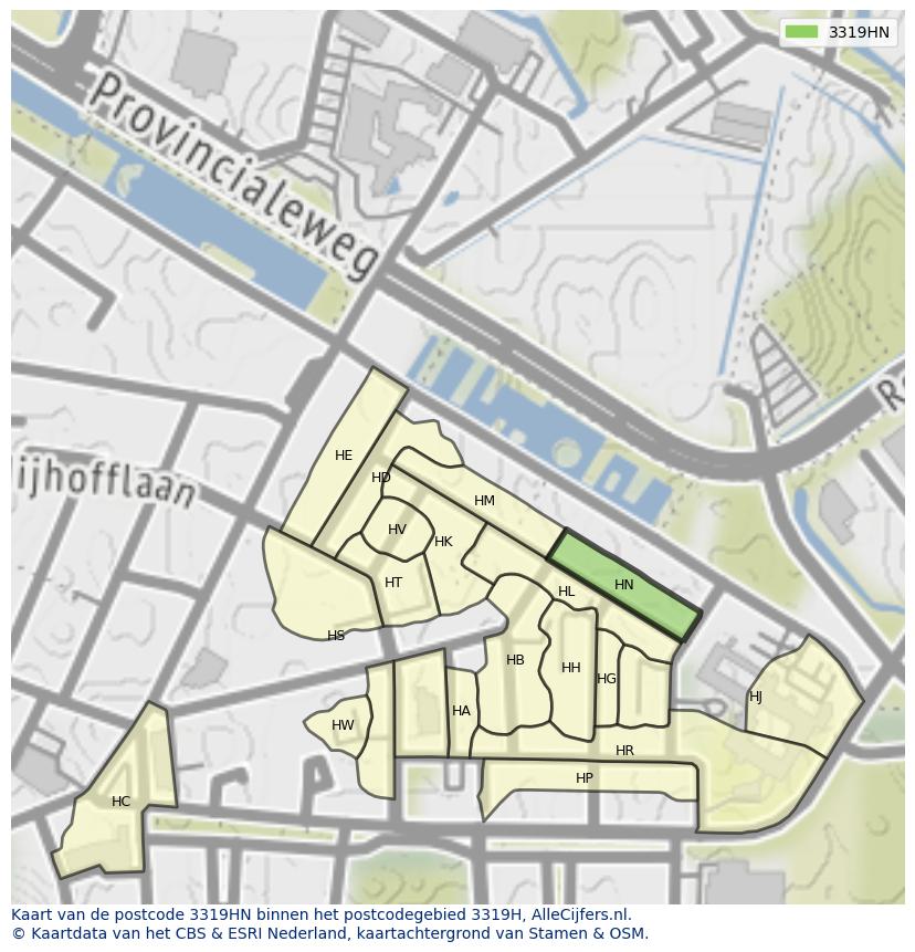 Afbeelding van het postcodegebied 3319 HN op de kaart.