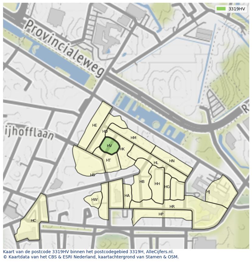 Afbeelding van het postcodegebied 3319 HV op de kaart.