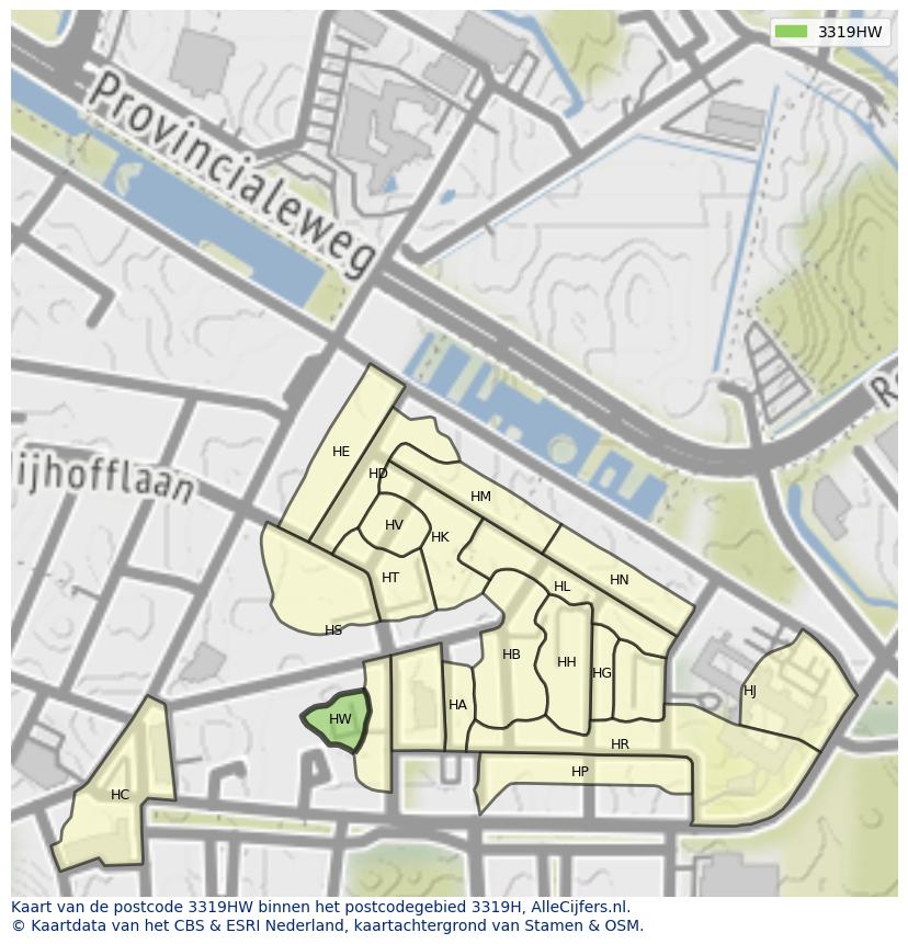 Afbeelding van het postcodegebied 3319 HW op de kaart.