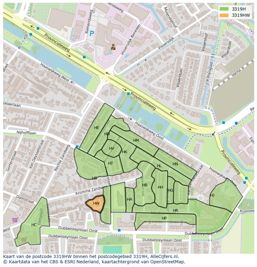 Afbeelding van het postcodegebied 3319 HW op de kaart.