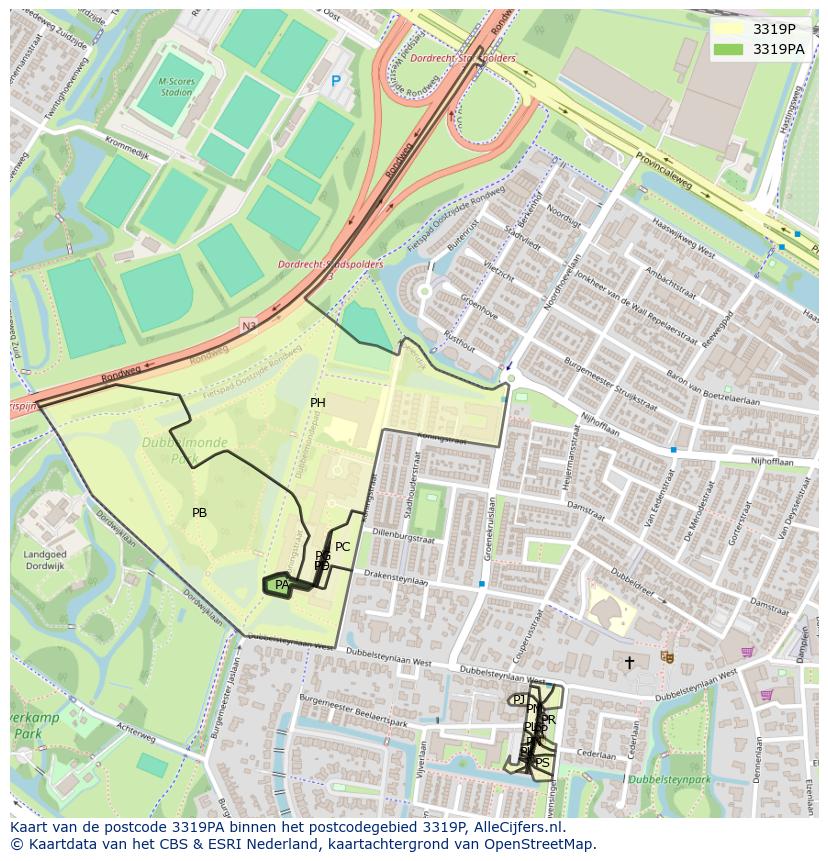 Afbeelding van het postcodegebied 3319 PA op de kaart.
