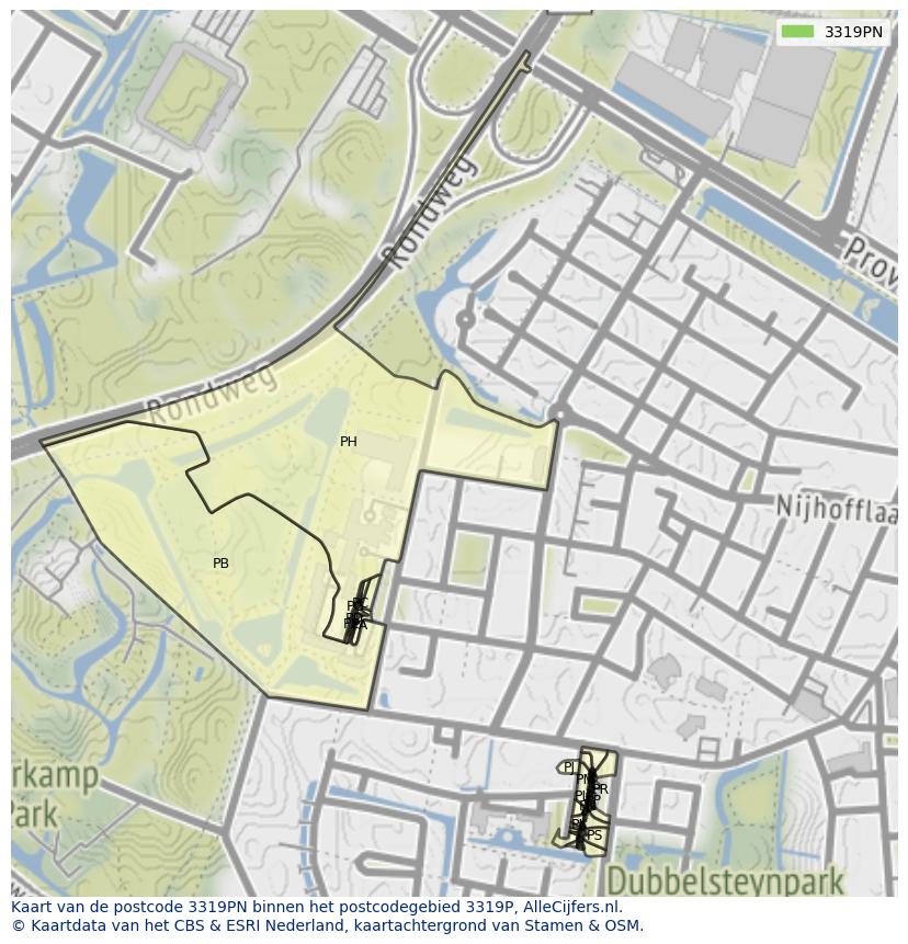 Afbeelding van het postcodegebied 3319 PN op de kaart.