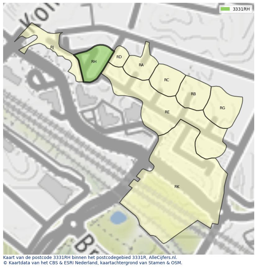 Afbeelding van het postcodegebied 3331 RH op de kaart.