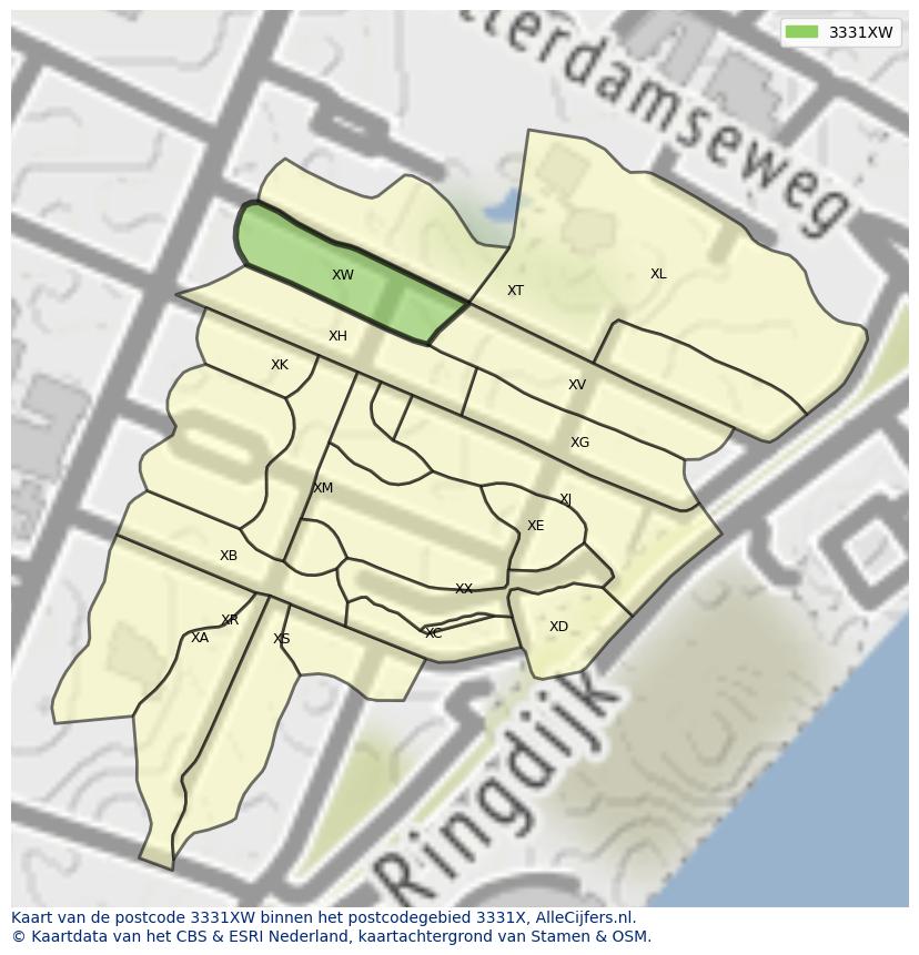 Afbeelding van het postcodegebied 3331 XW op de kaart.