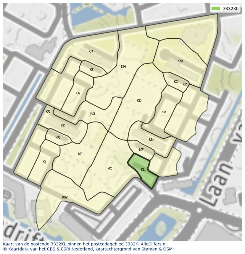 Afbeelding van het postcodegebied 3332 KL op de kaart.