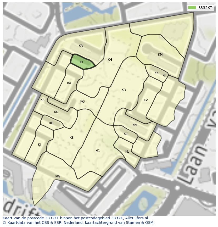 Afbeelding van het postcodegebied 3332 KT op de kaart.