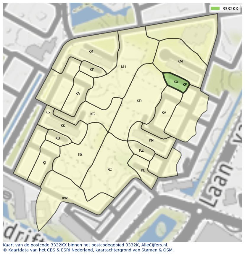 Afbeelding van het postcodegebied 3332 KX op de kaart.