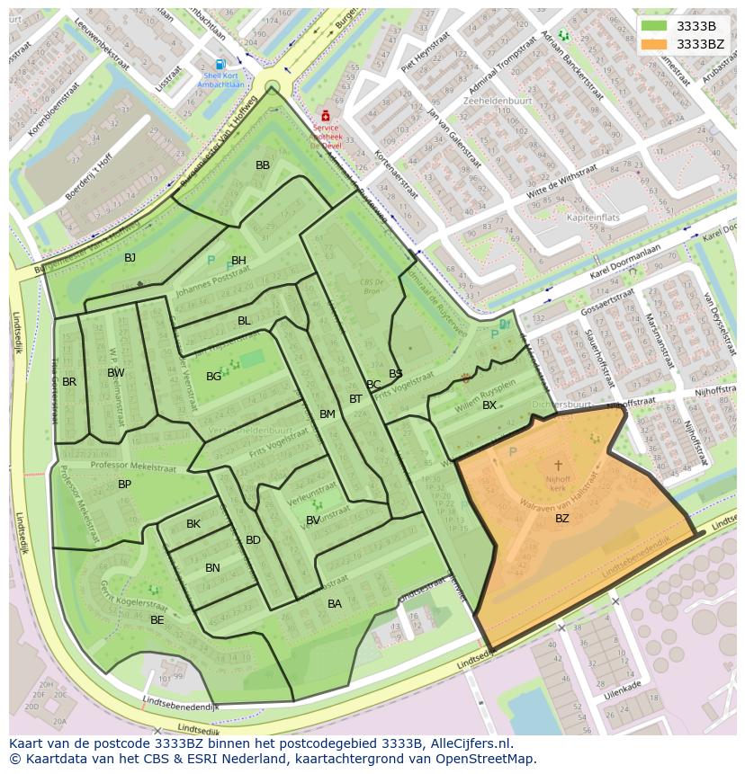 Afbeelding van het postcodegebied 3333 BZ op de kaart.