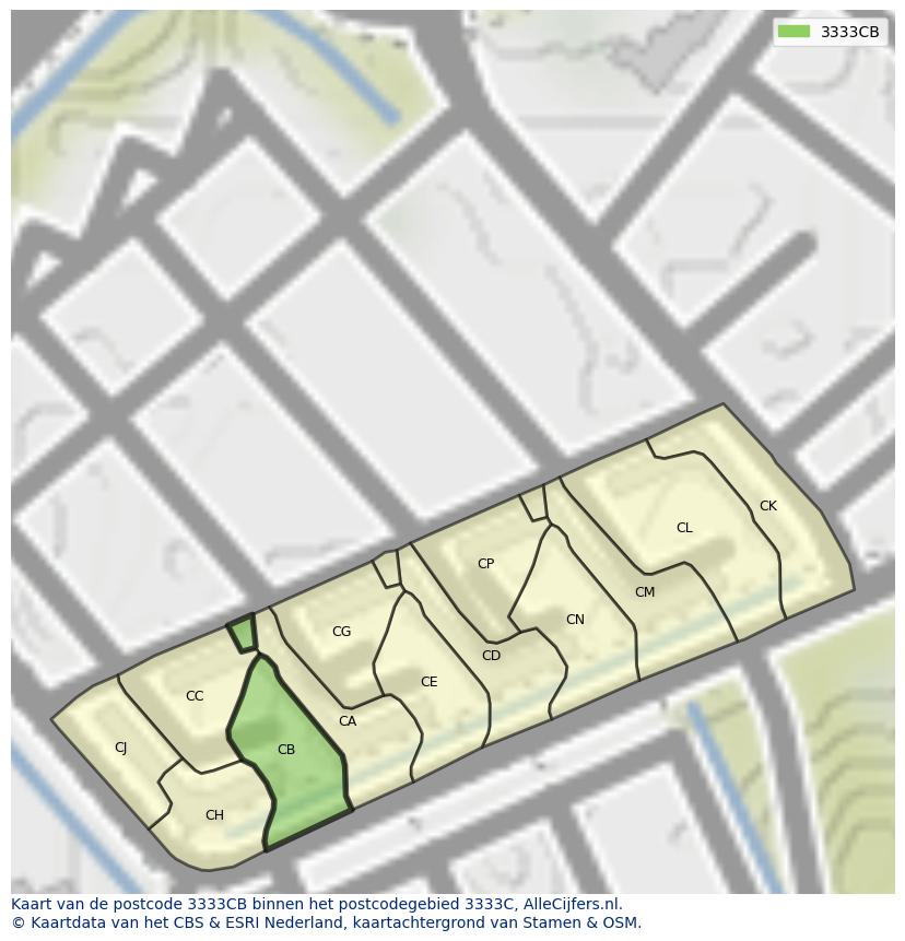 Afbeelding van het postcodegebied 3333 CB op de kaart.