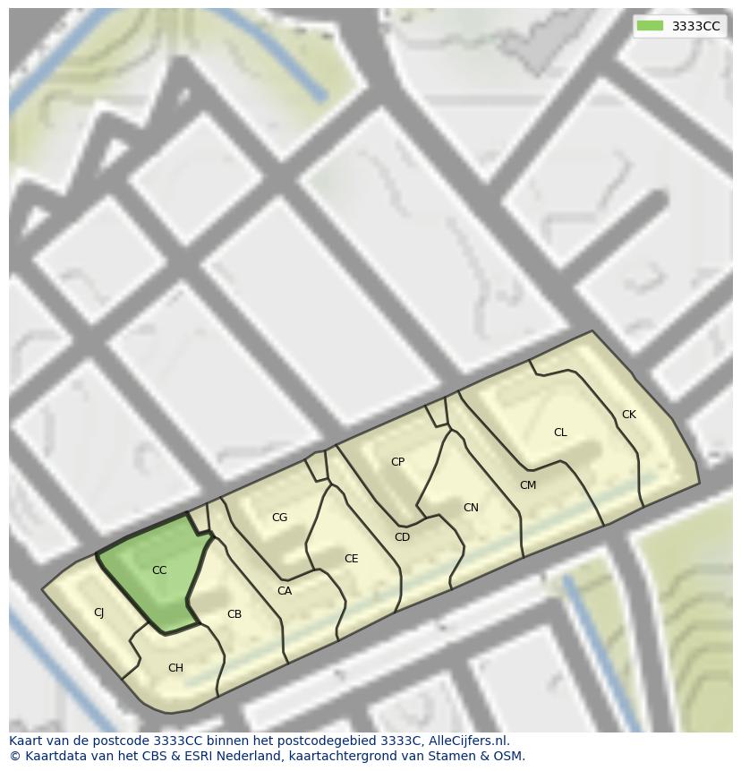 Afbeelding van het postcodegebied 3333 CC op de kaart.