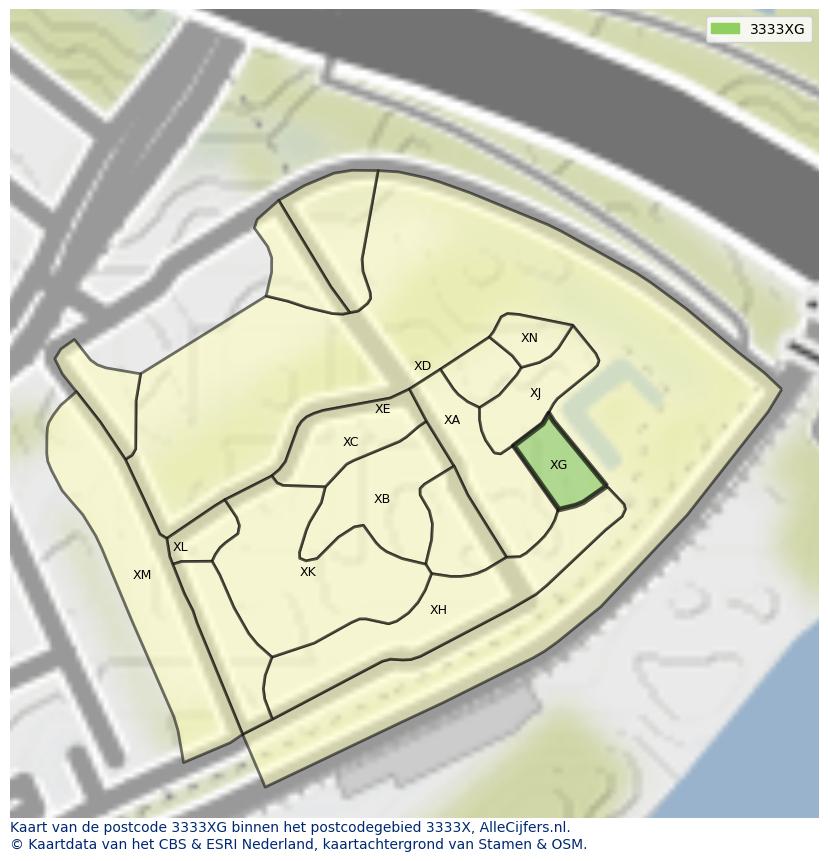 Afbeelding van het postcodegebied 3333 XG op de kaart.