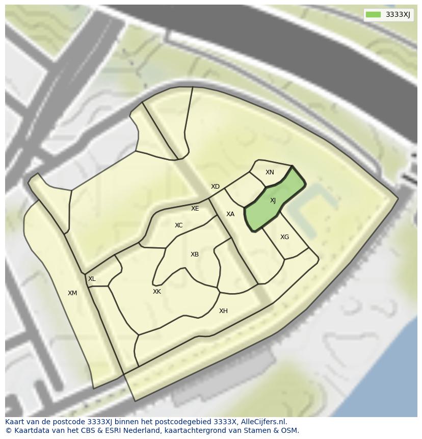 Afbeelding van het postcodegebied 3333 XJ op de kaart.
